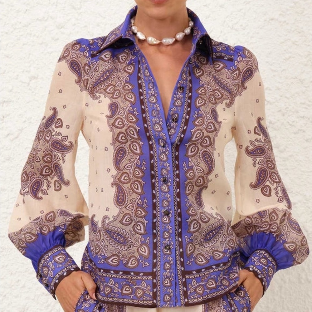 Zimmermann Maxine Paisley Blouson Sleeve Ramie Button-Up Shirt size 3